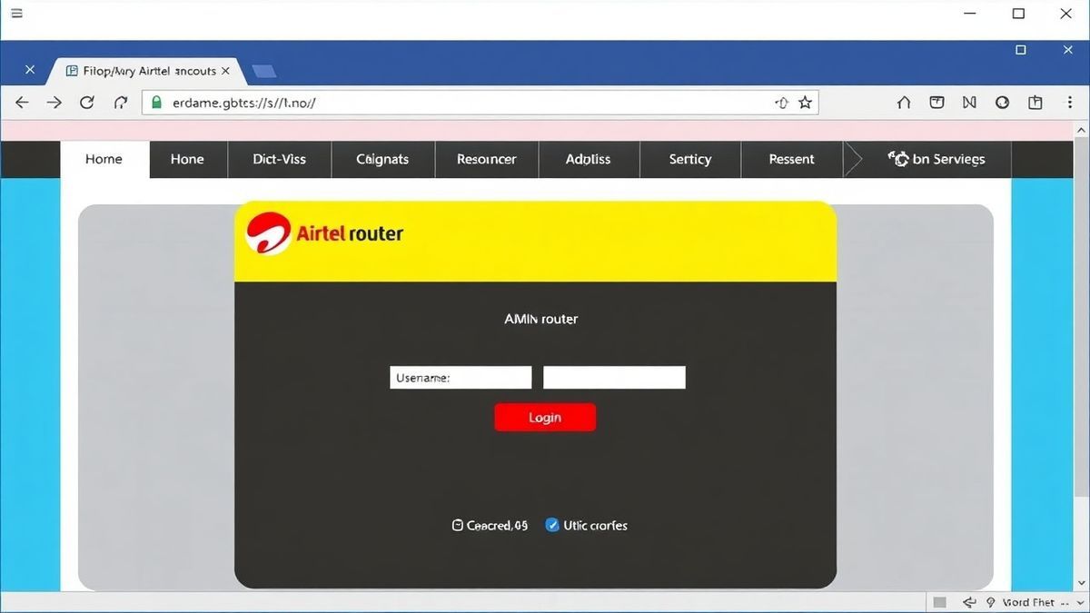 Airtel router admin login page interface in a browser, showing username and password fields, clean and modern UI
