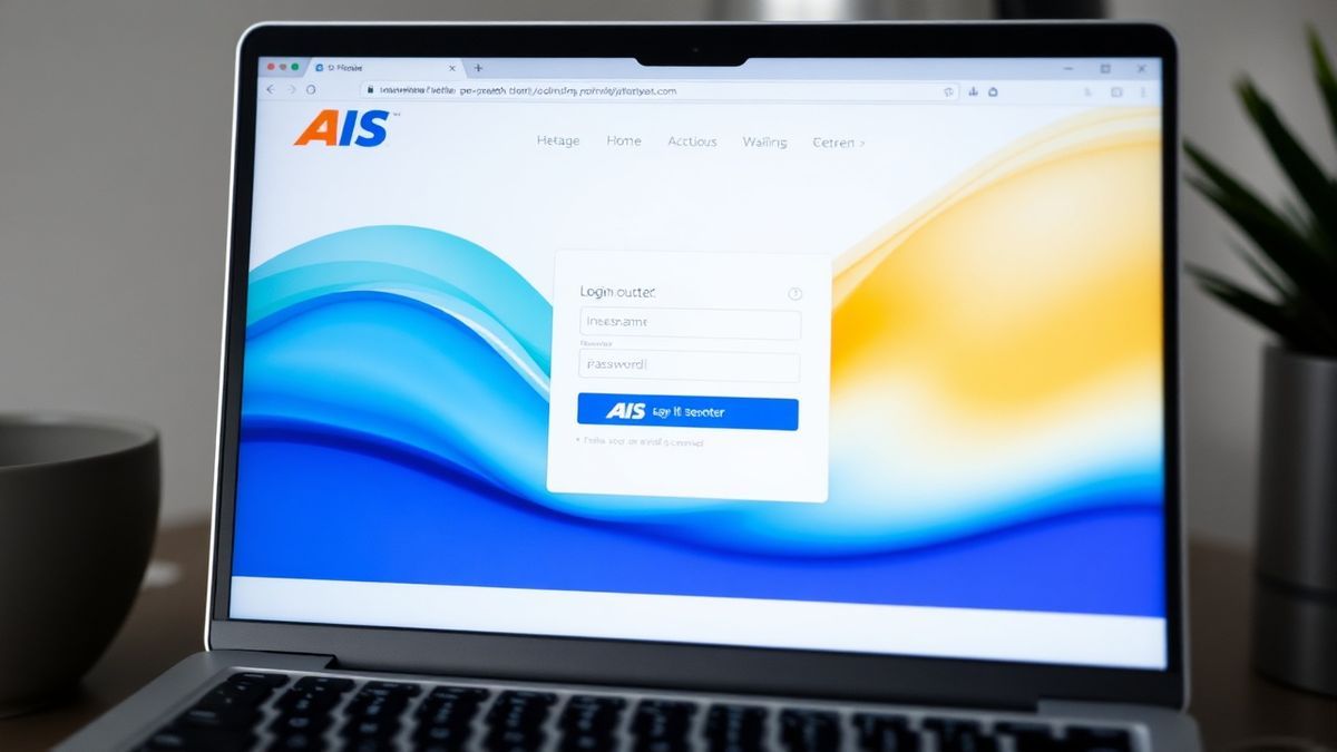 AIS Fibre router login page interface on a laptop screen, showing fields for username and password