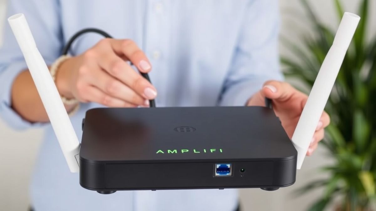 user holding an AmpliFi router and connecting an Ethernet cable to troubleshoot a network issue