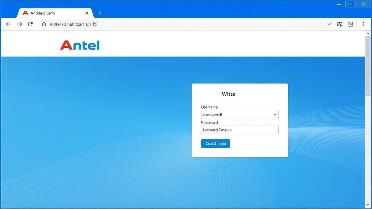 web browser showing Antel router login page with fields for username and password