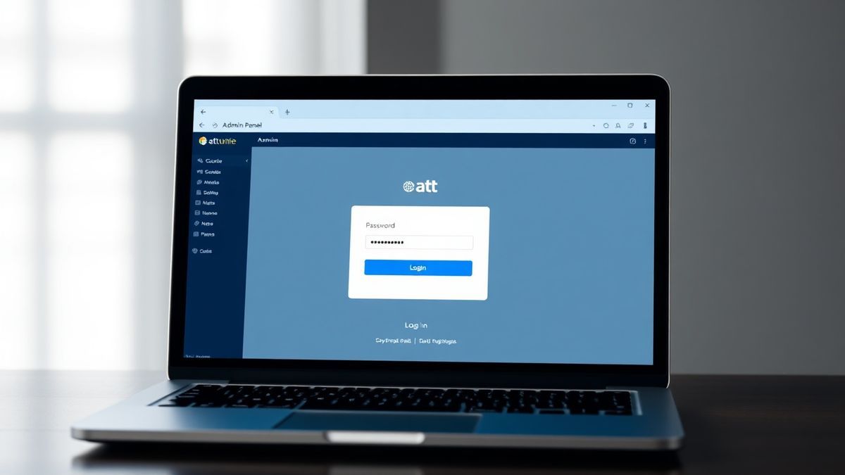 att unite login screen on a laptop, showing password field and admin panel interface, clean and modern UI