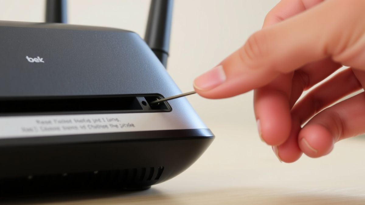 person using a paperclip to press the reset button on the back of a Belkin router