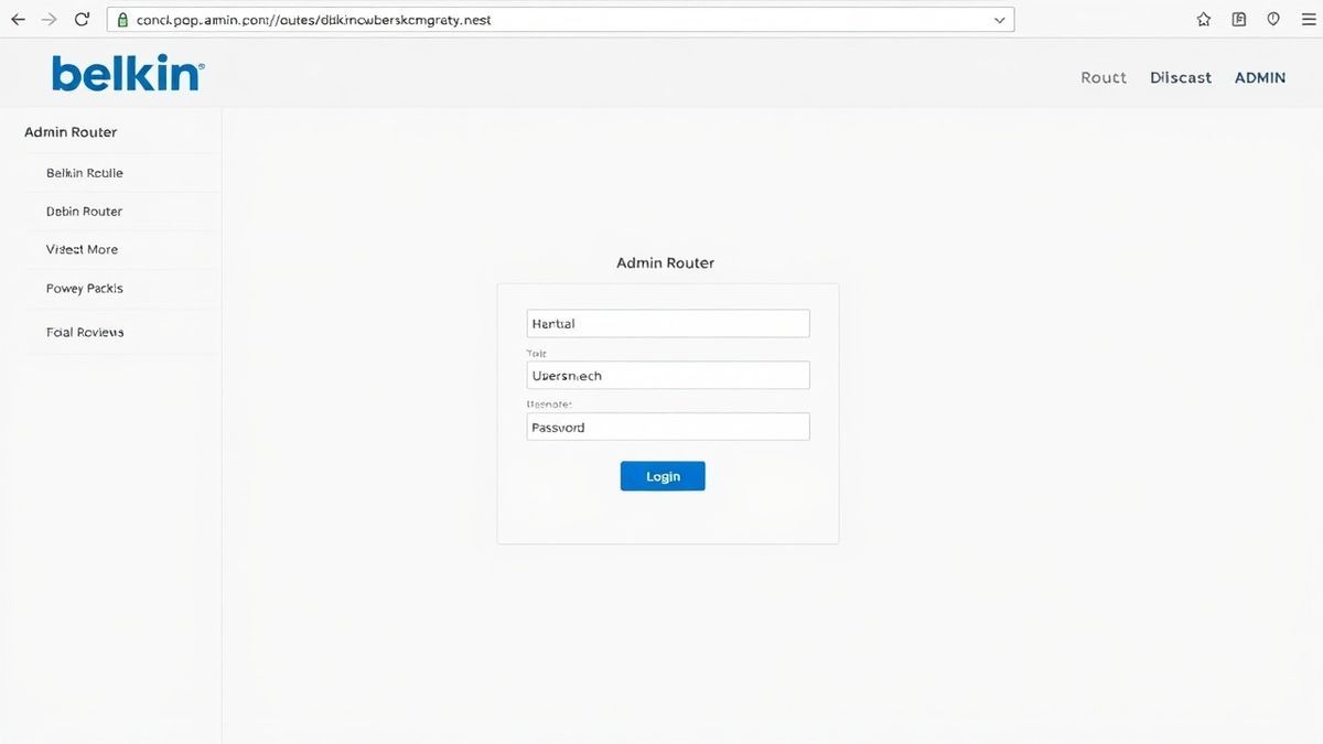 screenshot of Belkin router admin login page with username and password fields, clean UI