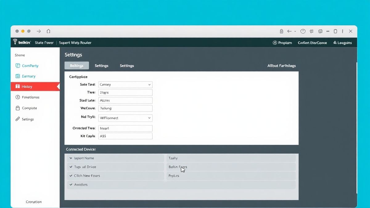 Belkin router admin dashboard showing wifi settings and connected devices interface
