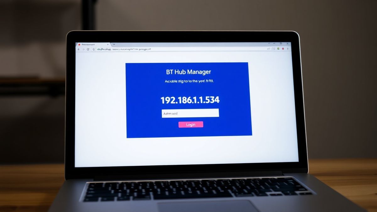 BT Hub Manager login page on a laptop screen showing address bar with 192.168.1.254 and admin password field