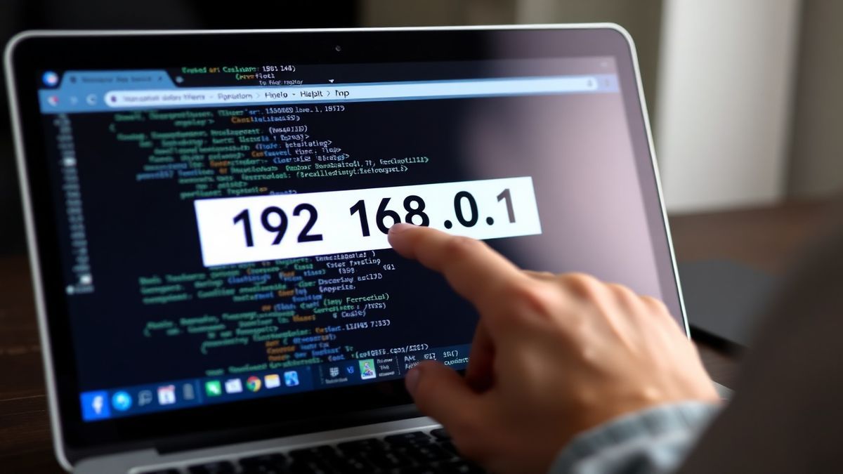 person typing 192.168.0.1 into a web browser address bar on a laptop