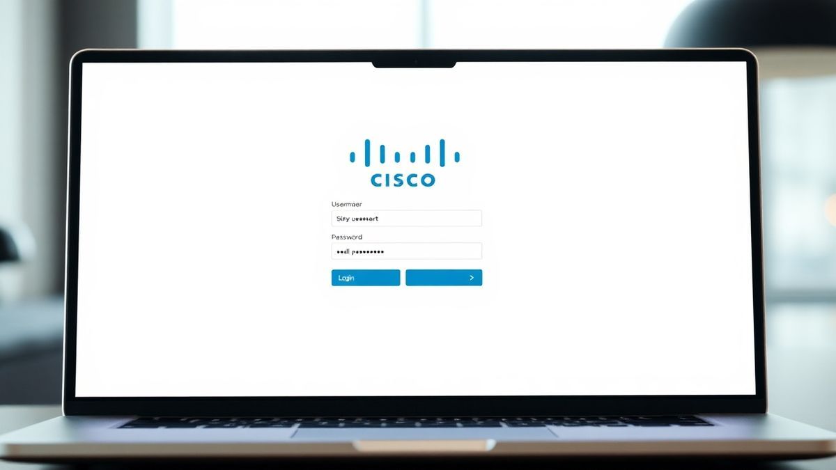 modern laptop screen showing a Cisco router admin login page with username and password fields, clean professional look