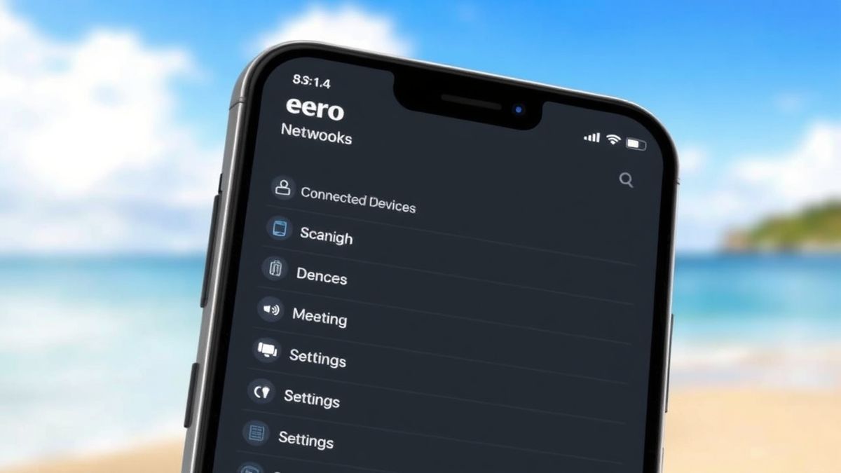 Eero mobile app dashboard showing network status, connected devices list, and settings menu icons