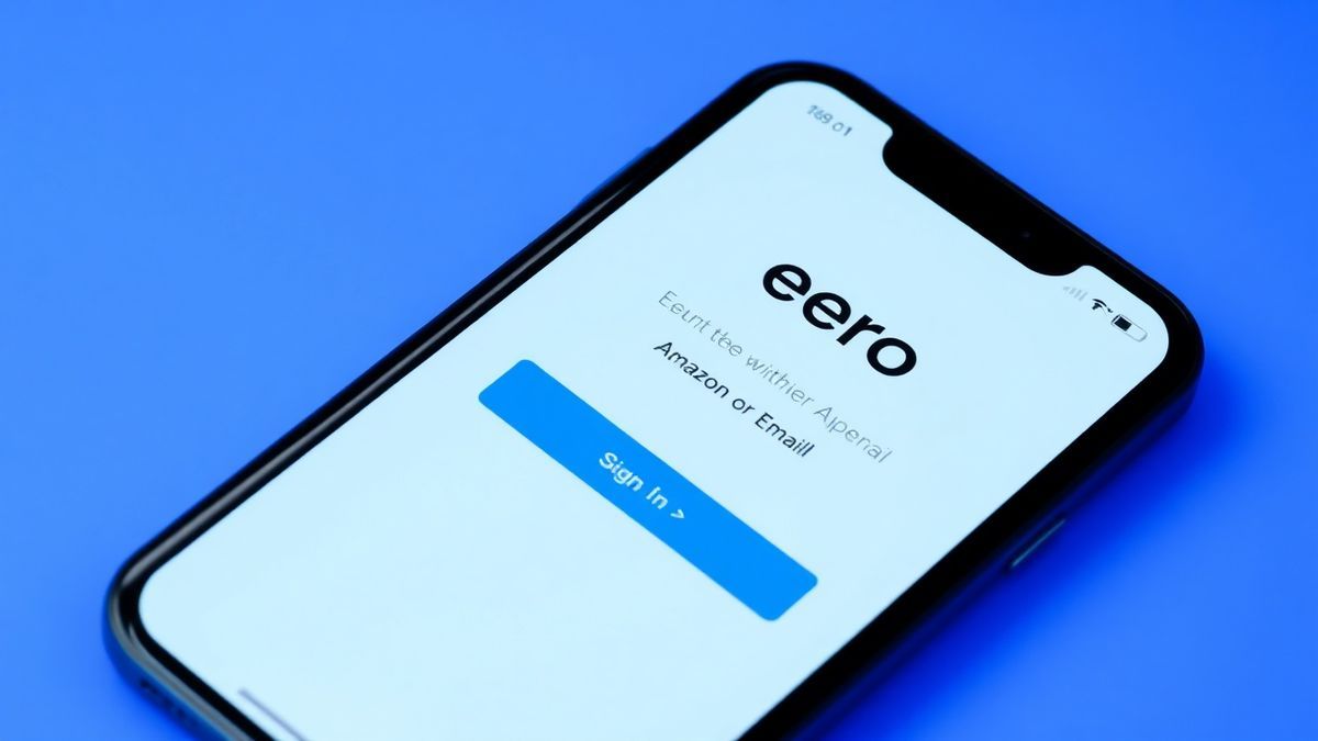Eero mobile app login screen on a smartphone, showing the option to sign in with Amazon or email