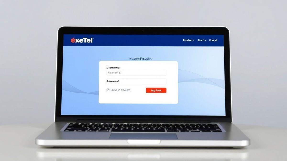 screenshot of the Exetel modem login page with username and password fields on a laptop screen