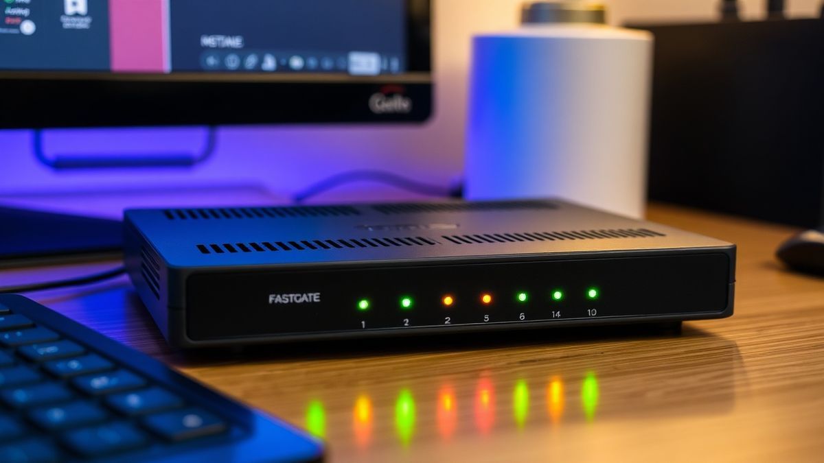 FASTGate modem device with blinking lights on a home desk