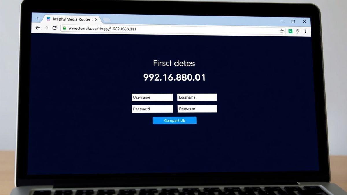 first media router login page on a laptop screen, browser address bar showing 192.168.0.1, username and password fields