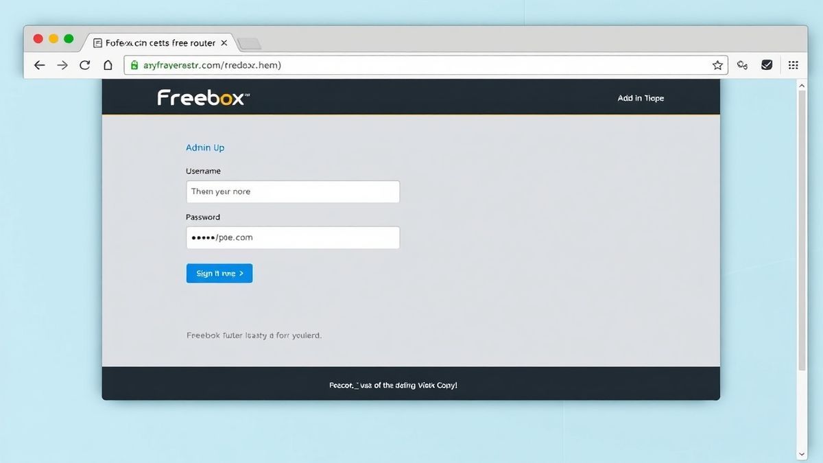 a clean browser window displaying the Freebox router admin login page, showing fields for username and password, modern interface