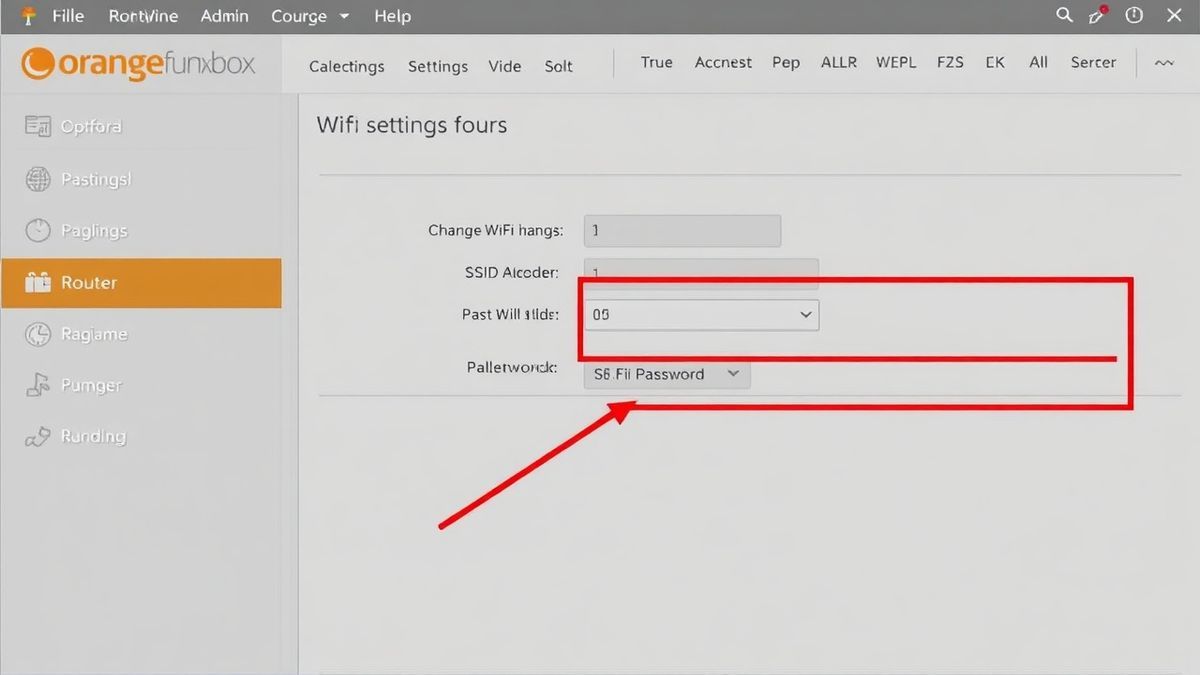 A screenshot of the Orange Funbox router admin dashboard, highlighting the Wi-Fi settings section for changing SSID and password