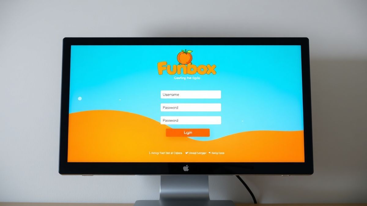 Orange Funbox login page displayed on a computer monitor, showing username and password fields