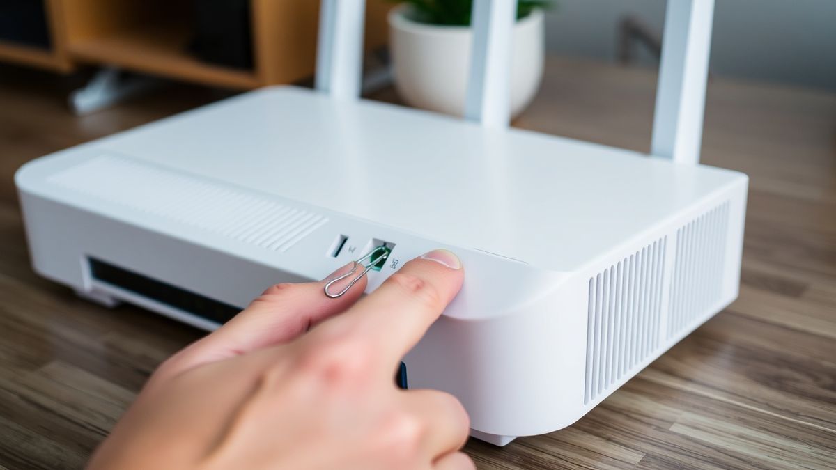 a person using a paperclip to press the reset button on the back of a router, troubleshooting network issues at home