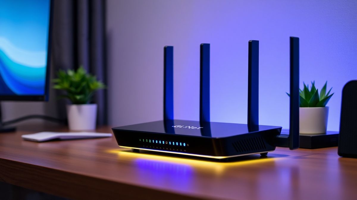 modern GL.iNet router on a desk, sleek design, glowing LED