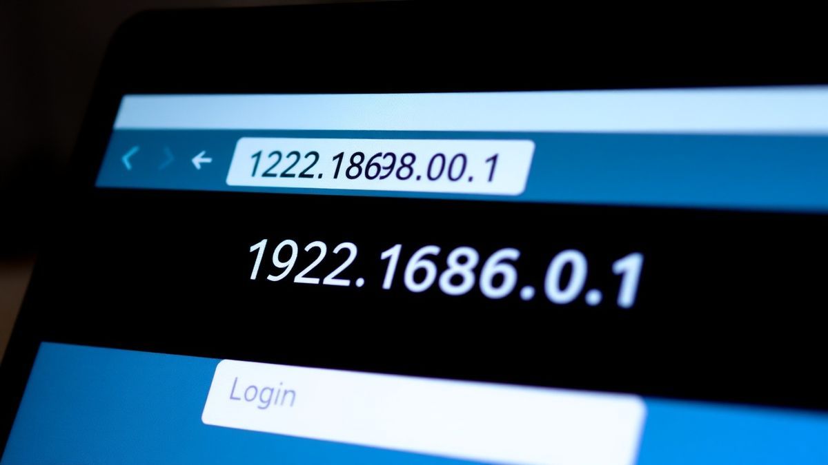 close-up of a browser address bar showing 192.168.0.1 and a router login prompt on a laptop screen