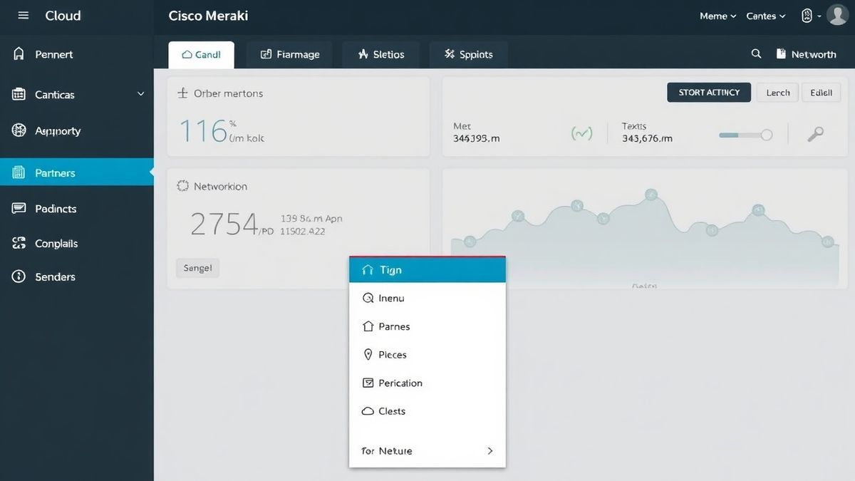 Cisco Meraki cloud dashboard login interface showing network statistics and menu options