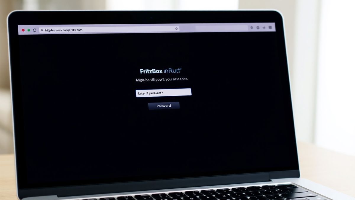 FritzBox router login screen with password field on a laptop browser