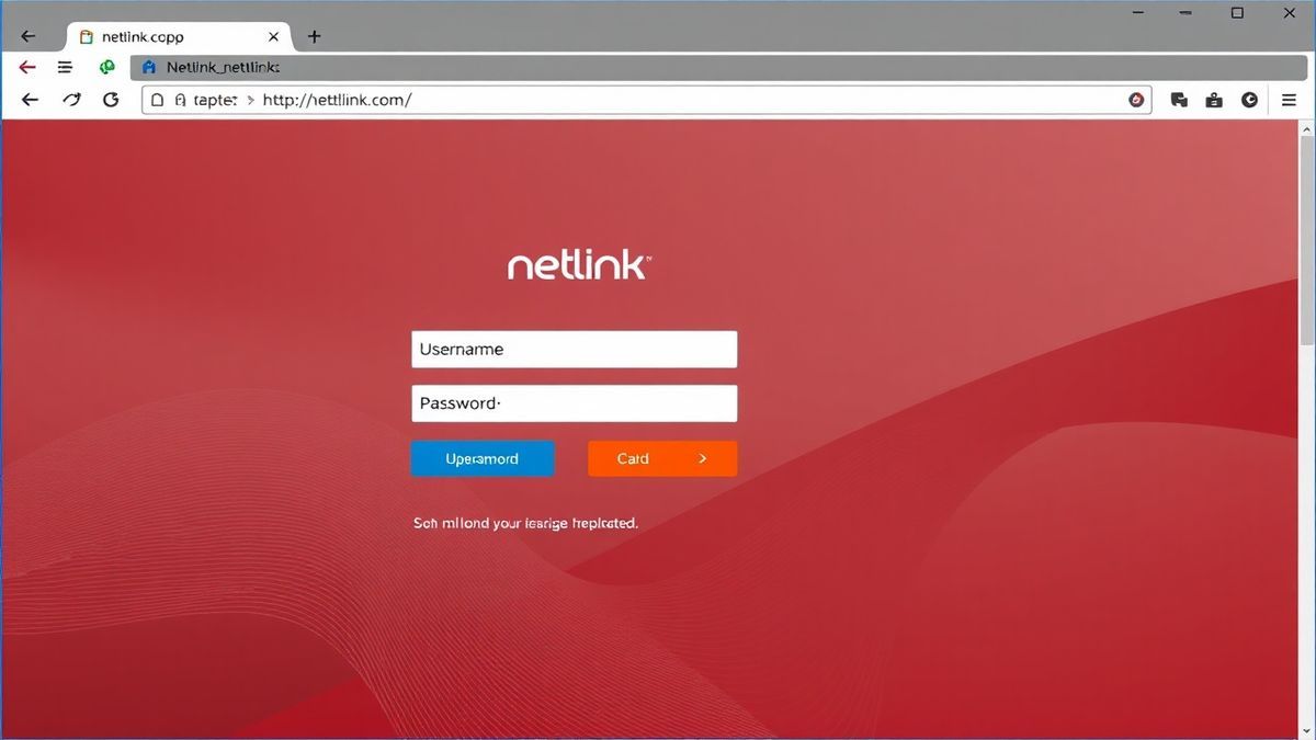 netlink router admin login page interface in browser, showing username and password fields, clean UI