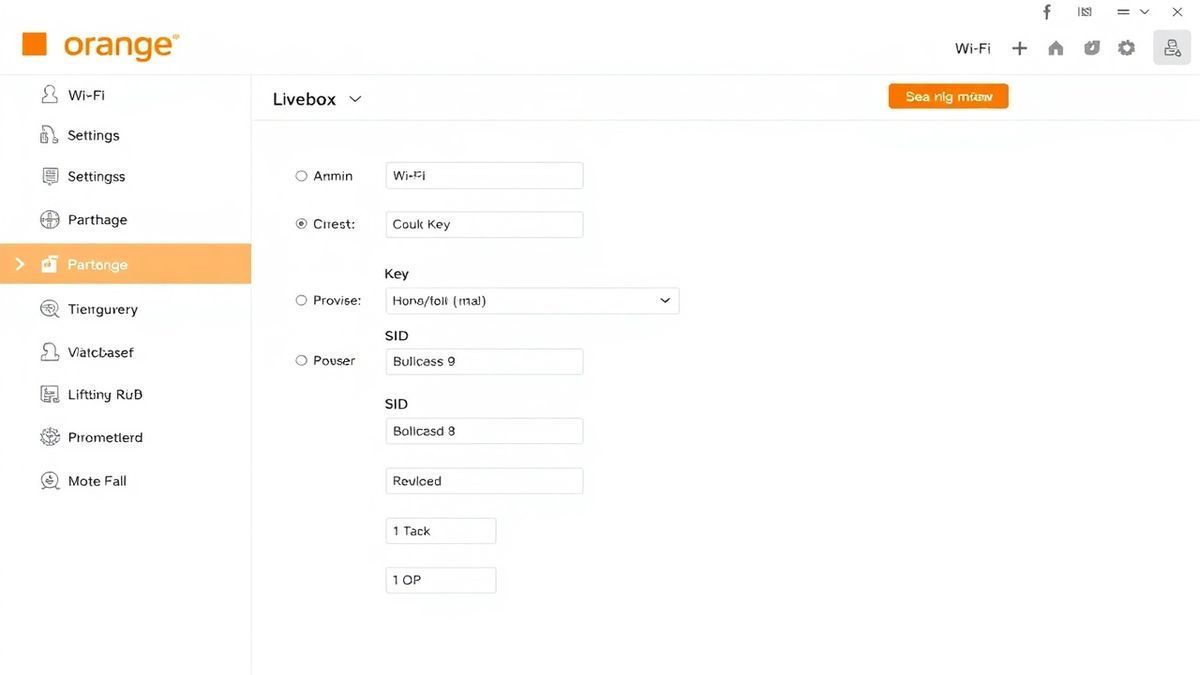 Orange Livebox admin dashboard interface showing Wi-Fi settings, security key field, and SSID options, modern web UI