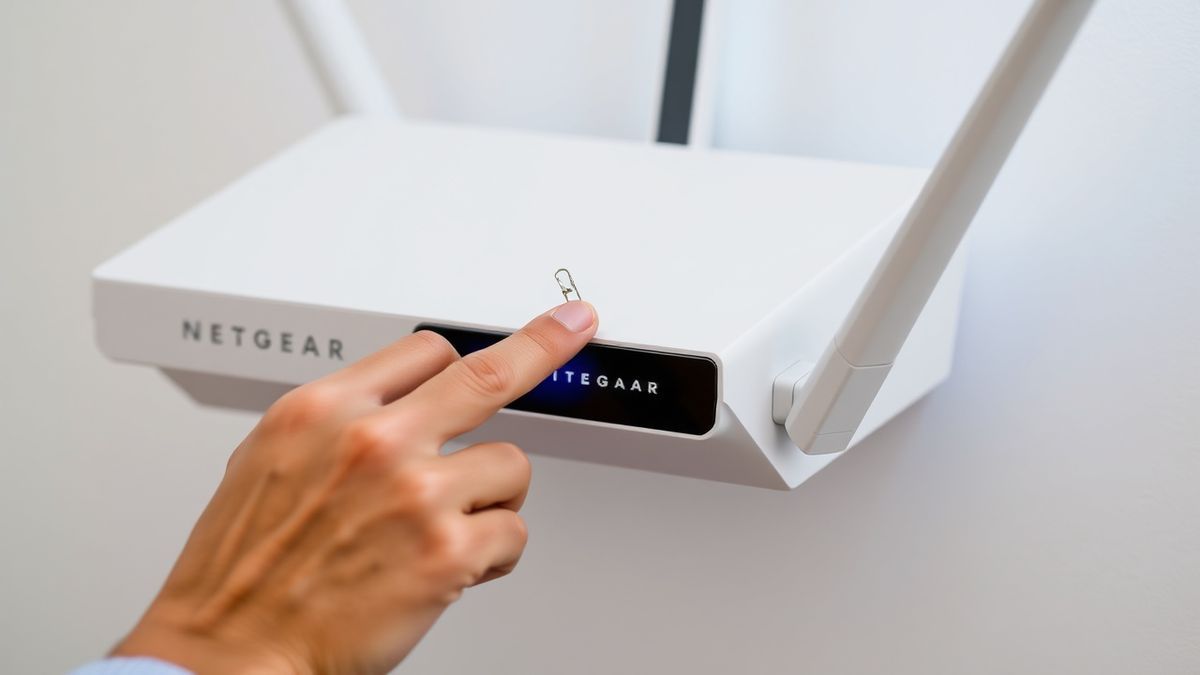 person pressing reset button on netgear orbi router with a paperclip