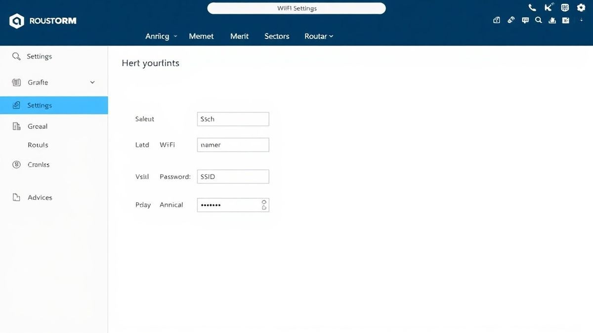 router admin dashboard showing Wi-Fi settings page with fields for SSID and password, clean and modern UI