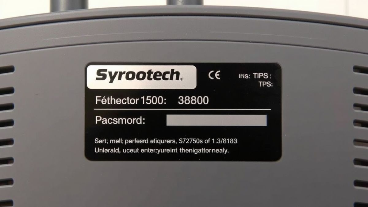 sticker on the back of a Syrotech router showing default IP address, username, and password