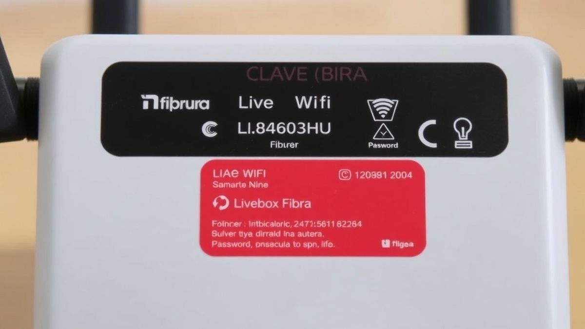 Close up of a Livebox Fibra router back sticker showing the CLAVE WIFI password and device information