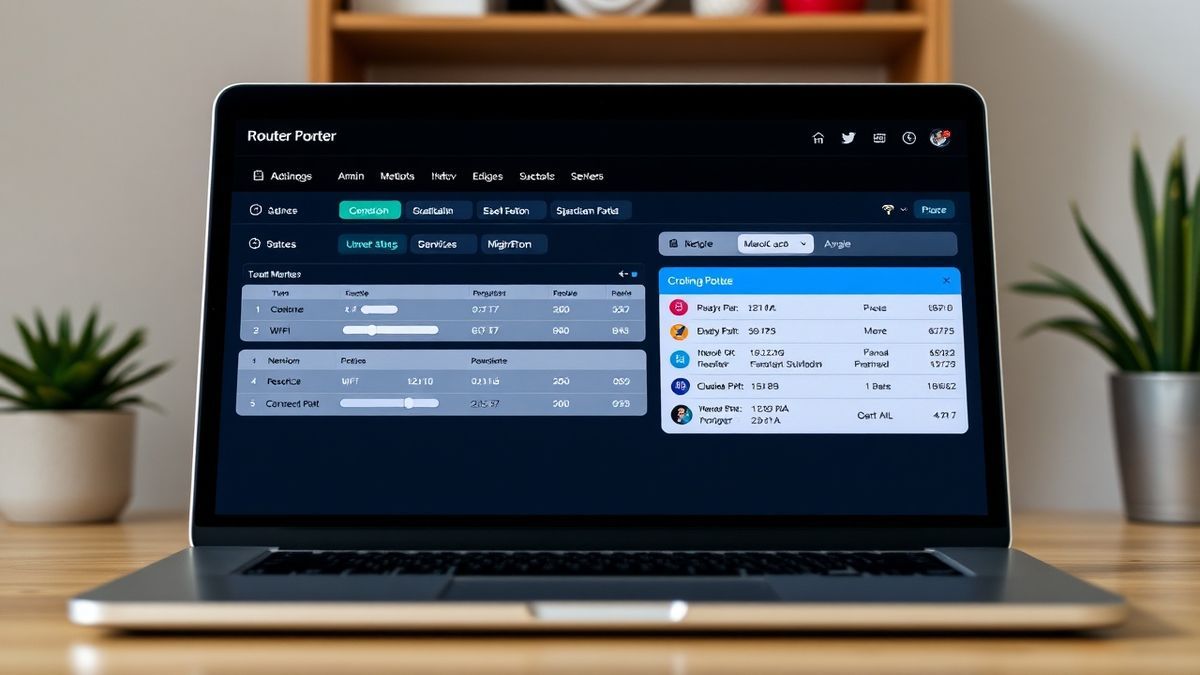 a laptop screen displaying the main dashboard of a router admin panel, showing wifi settings, connected devices, and network status icons