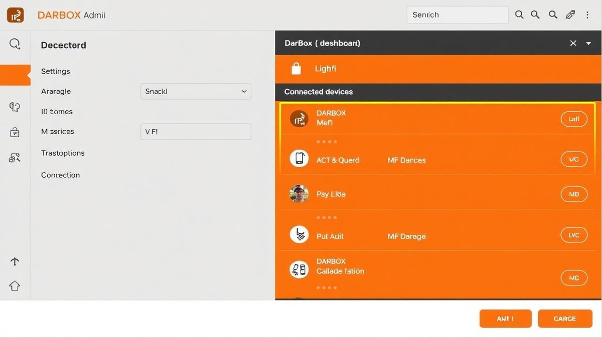 Orange DarBox admin dashboard with Wi-Fi settings and connected devices list highlighted