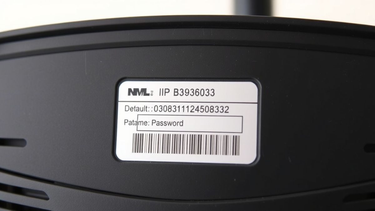 close-up of a sticker on the back of a router showing the default IP address, username, and password