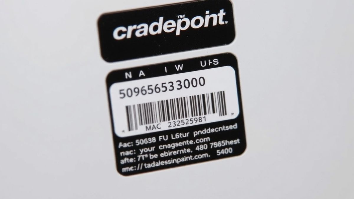 Close-up of a Cradlepoint router's underside sticker showing the default username, serial number, and MAC address