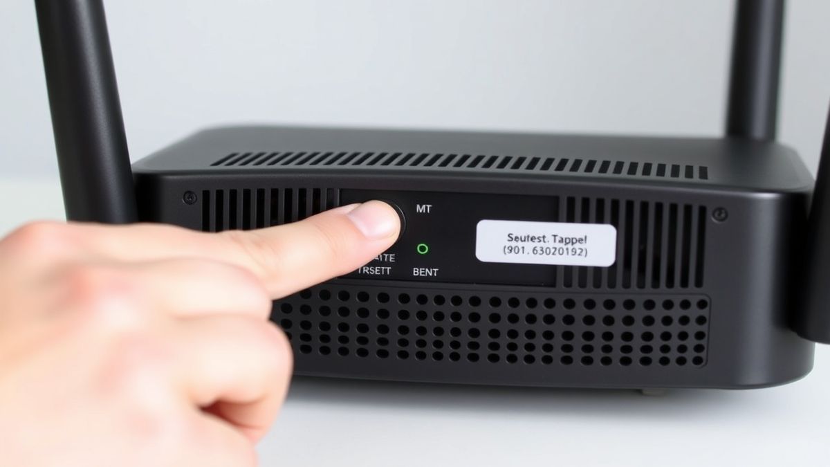 person pressing the reset button on the back of a router with a paperclip