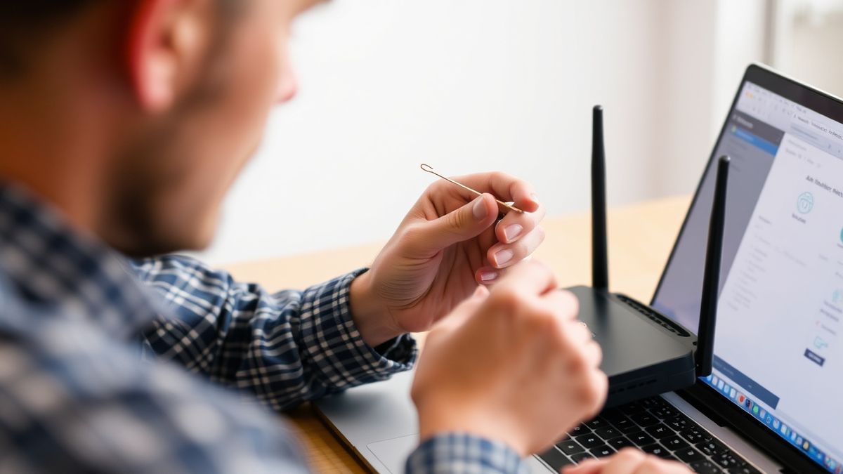 A person using a paperclip to press the reset button on the back of a Wi-Fi router, illustrating a factory reset for troubleshooting