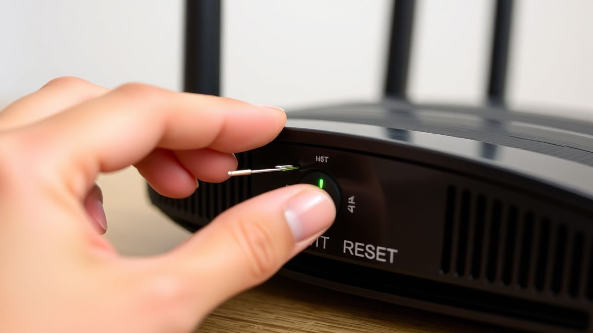 person using a paperclip to press the reset button on the back of a wifi router
