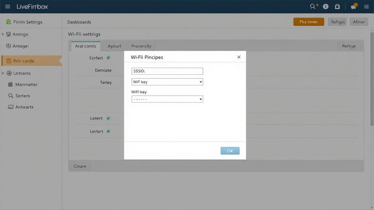Livebox Fibra router admin dashboard showing the Wi-Fi principal settings page with fields for SSID and Wi-Fi key