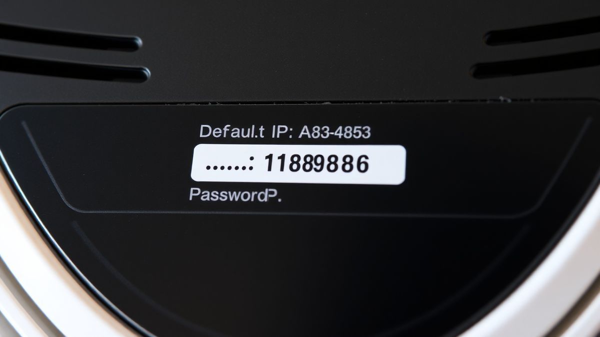 Close up of a router sticker showing default IP address, username, and password