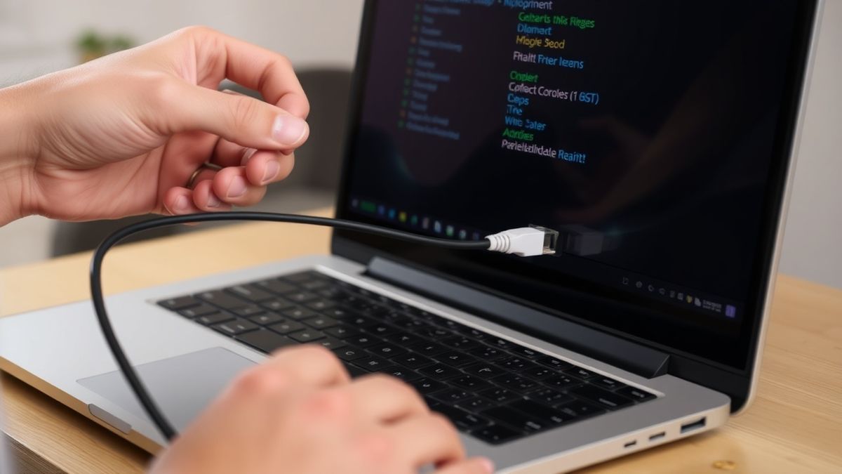 a person troubleshooting their home network router by checking cables and a laptop displaying a network settings page