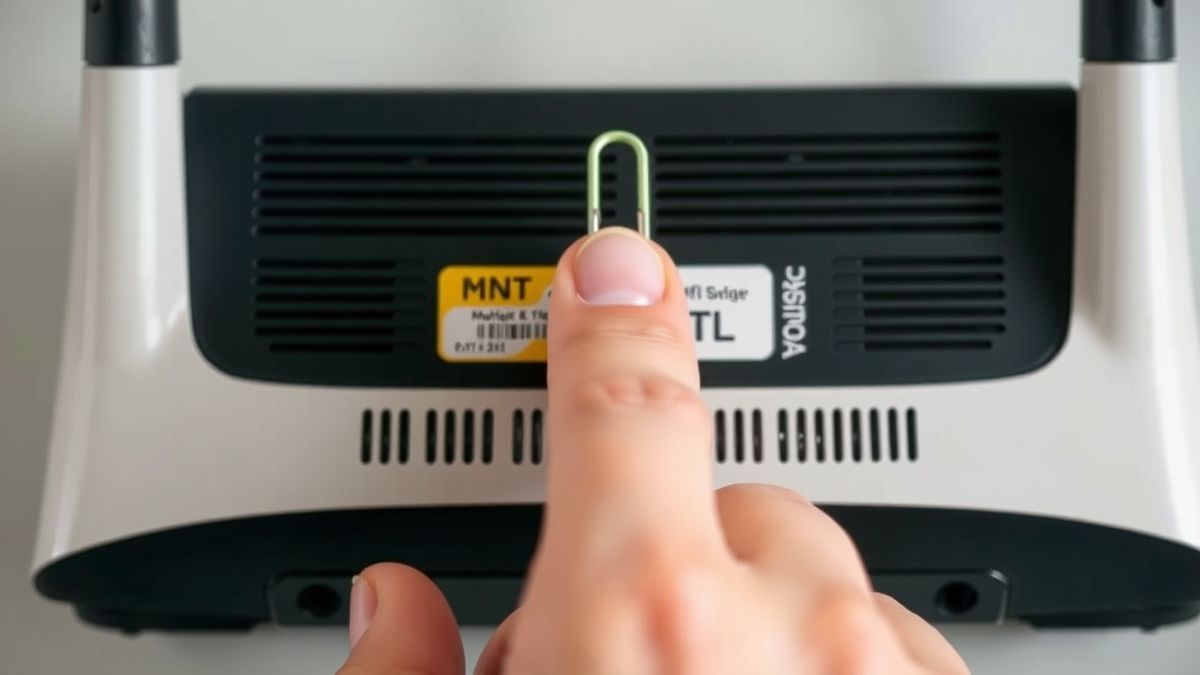 person using a paperclip to press the reset button on the back of a home router