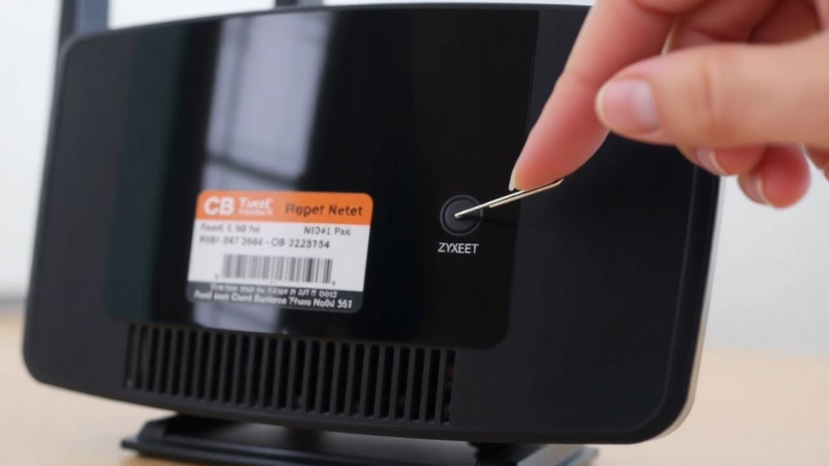 A person holding a paperclip and pressing the reset button on the back of a Zyxel router to perform a factory reset.