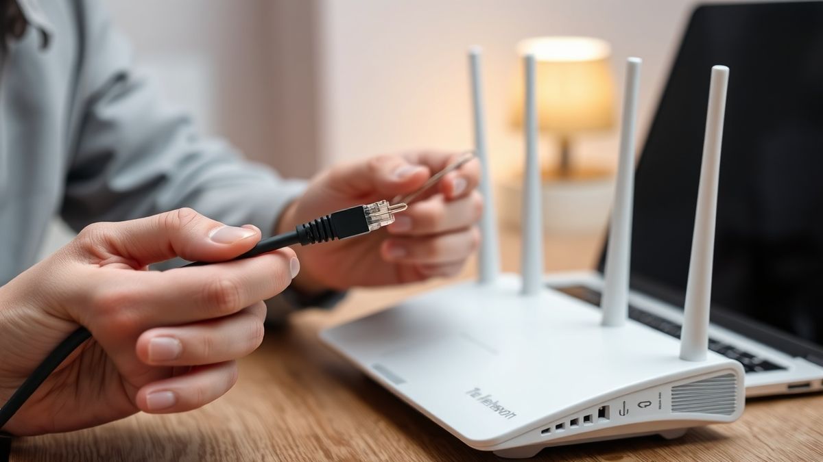 a person holding an Ethernet cable and resetting a Telekom router with a paperclip while looking at a laptop