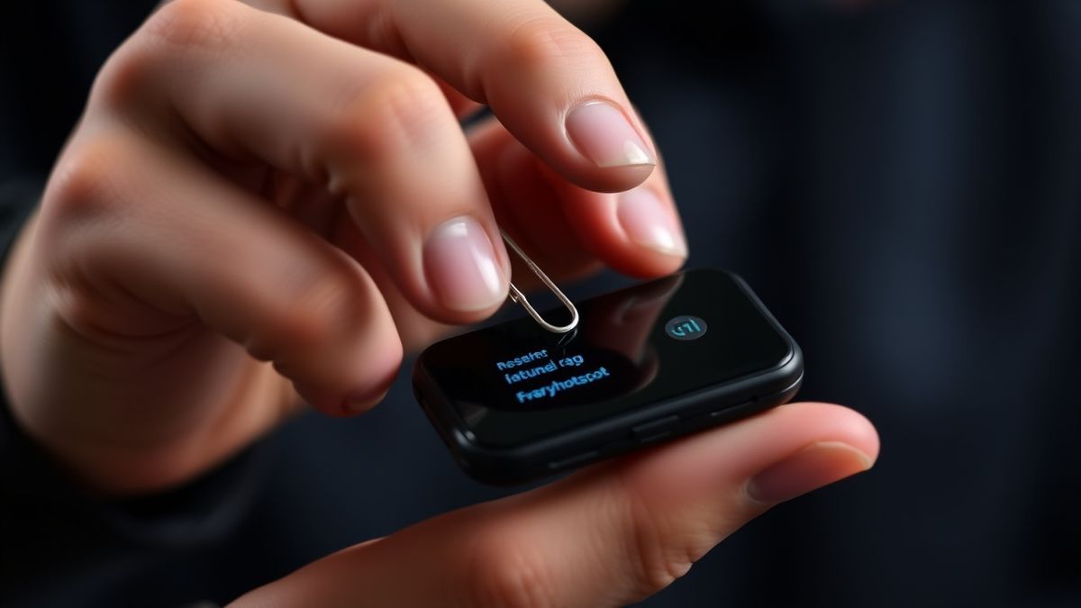 a person using a paperclip to press the reset button on the back of a Vodafone router, clear and instructive