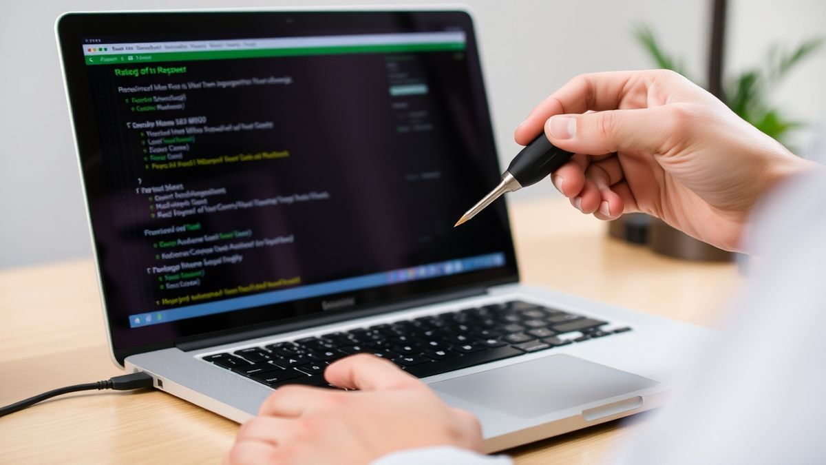 person troubleshooting their router connection with a laptop and a reset pin tool