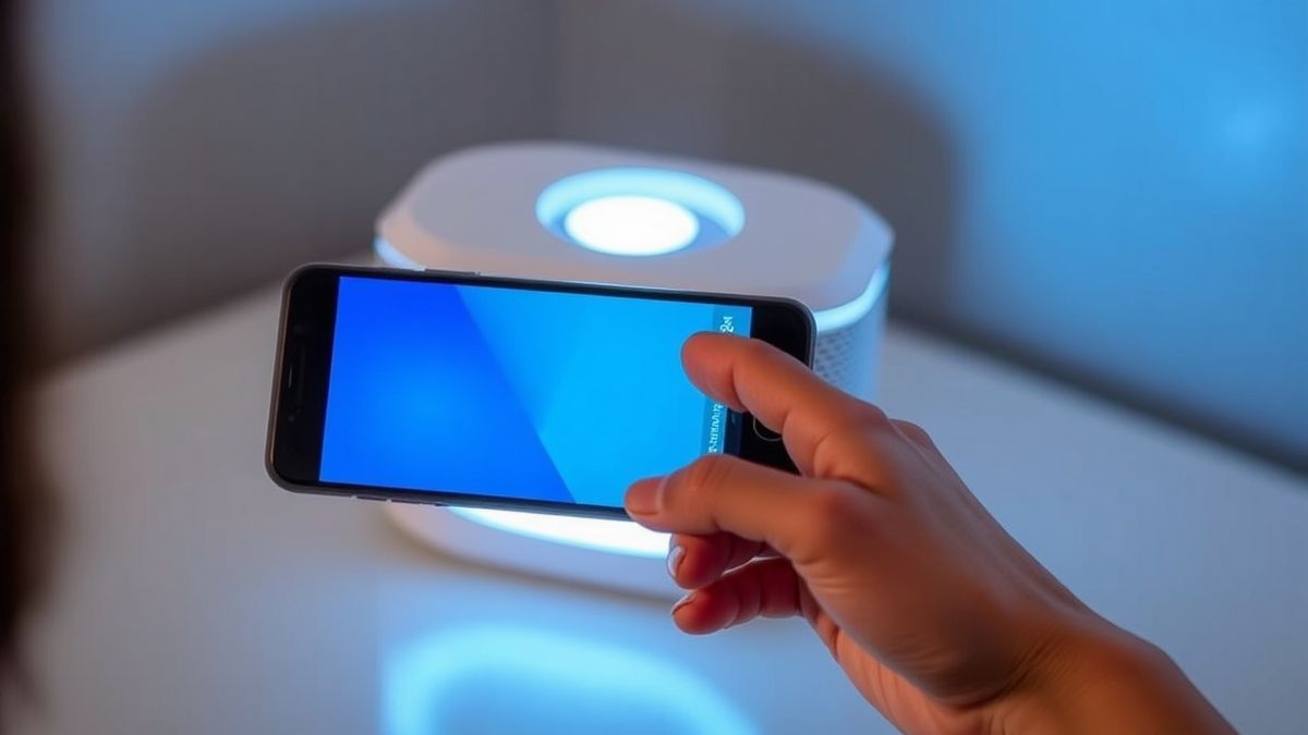person holding a smartphone next to an eero router with a white LED light, indicating a successful connection