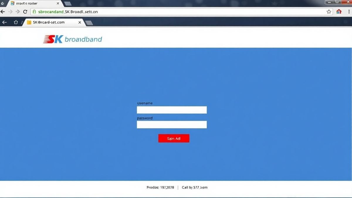 A screenshot of the SK Broadband router admin login page in a web browser, showing fields for username and password