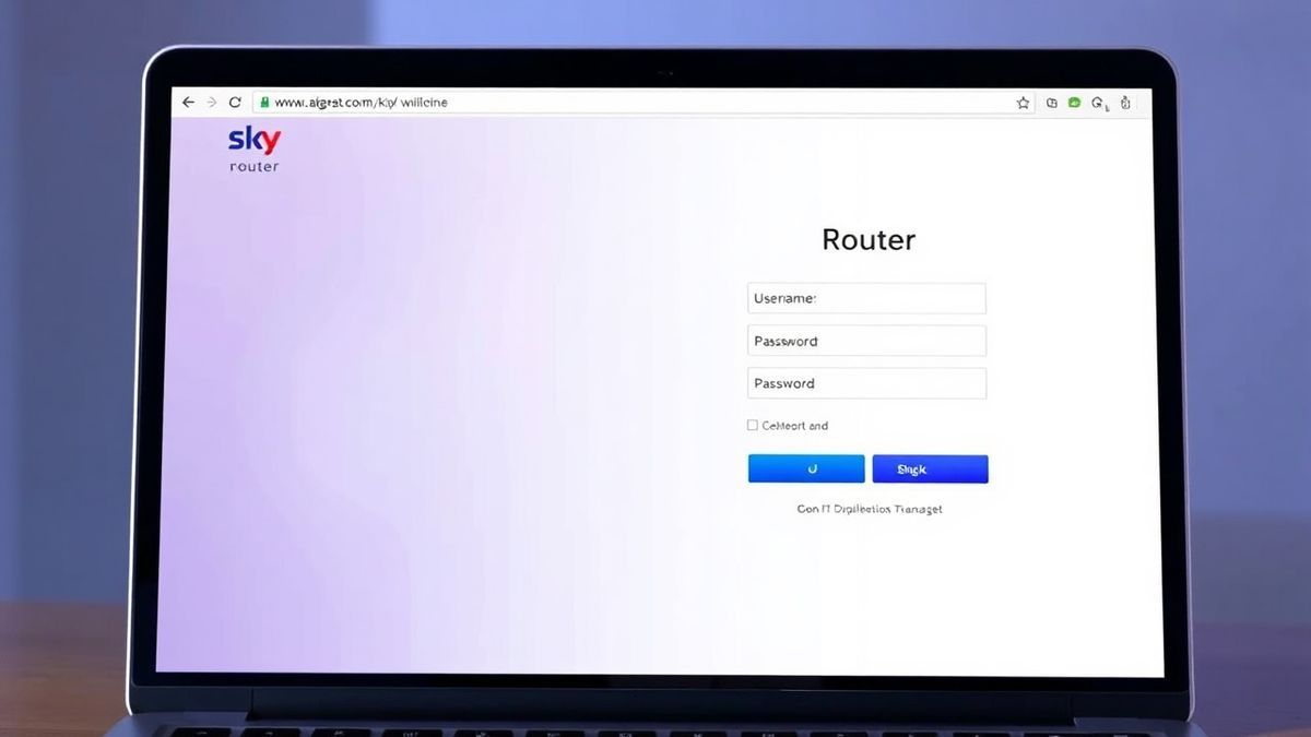 Screenshot of Sky router admin login page on a laptop browser showing username and password fields
