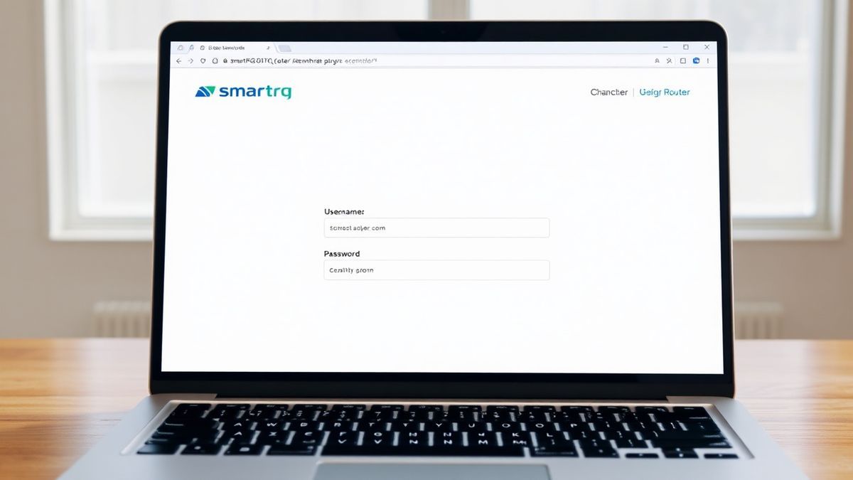 smartrg router login page with username and password fields on a laptop screen