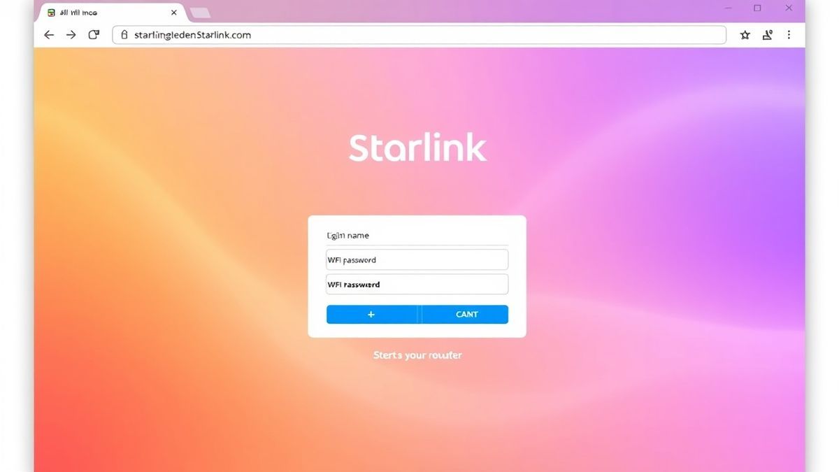 web browser showing the Starlink router login page with fields for WiFi name and password, clean and modern interface